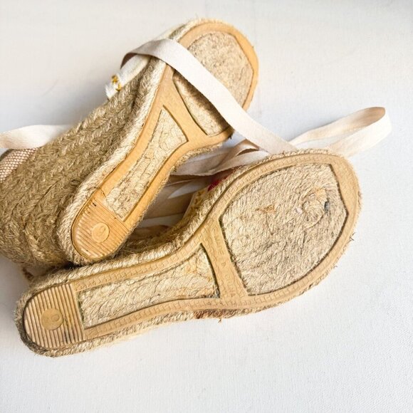 Embroidered Canvas Ankle Tie Wrap Wedge Espadrilles 9 - Picture 8 of 8